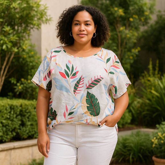 Cynthia Rowley Tops - Cynthia Rowley Plus 3X Linen Blouse Top White Floral Leaf Print Tunic
